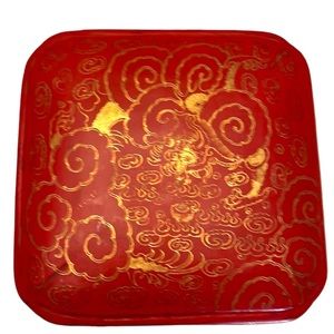 Chinese Lacquer Red & Black Wedding Box with Gold Leaf Design -Vintage Antique